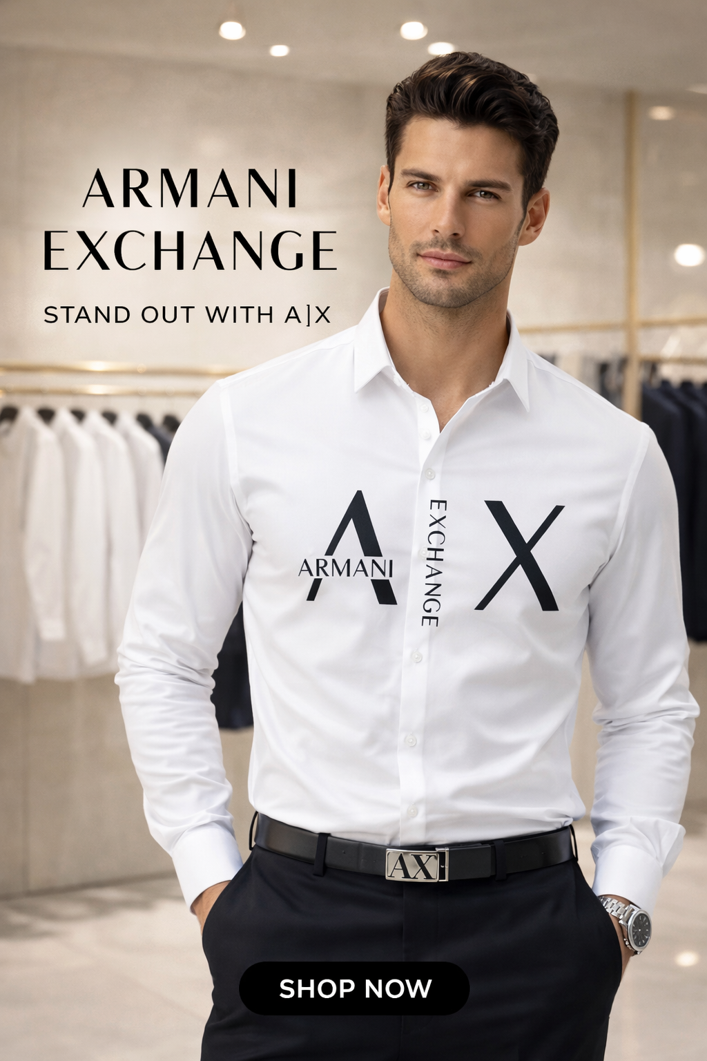 Original Armani Exchange White Logo Slim Fit White Shirt for Men