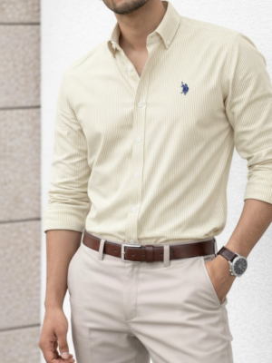 US Polo Men’s beige Colour Striped Cotton Shirt