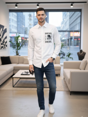 Diesel Men’s White Premium Cotton Casual Shirt with Printed Logo