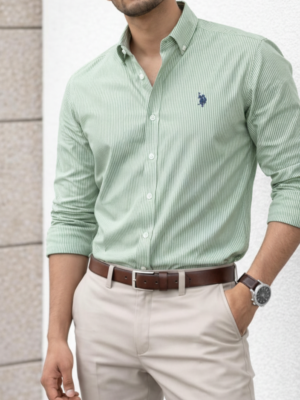 US Polo Men’s Light green Striped Cotton Shirt