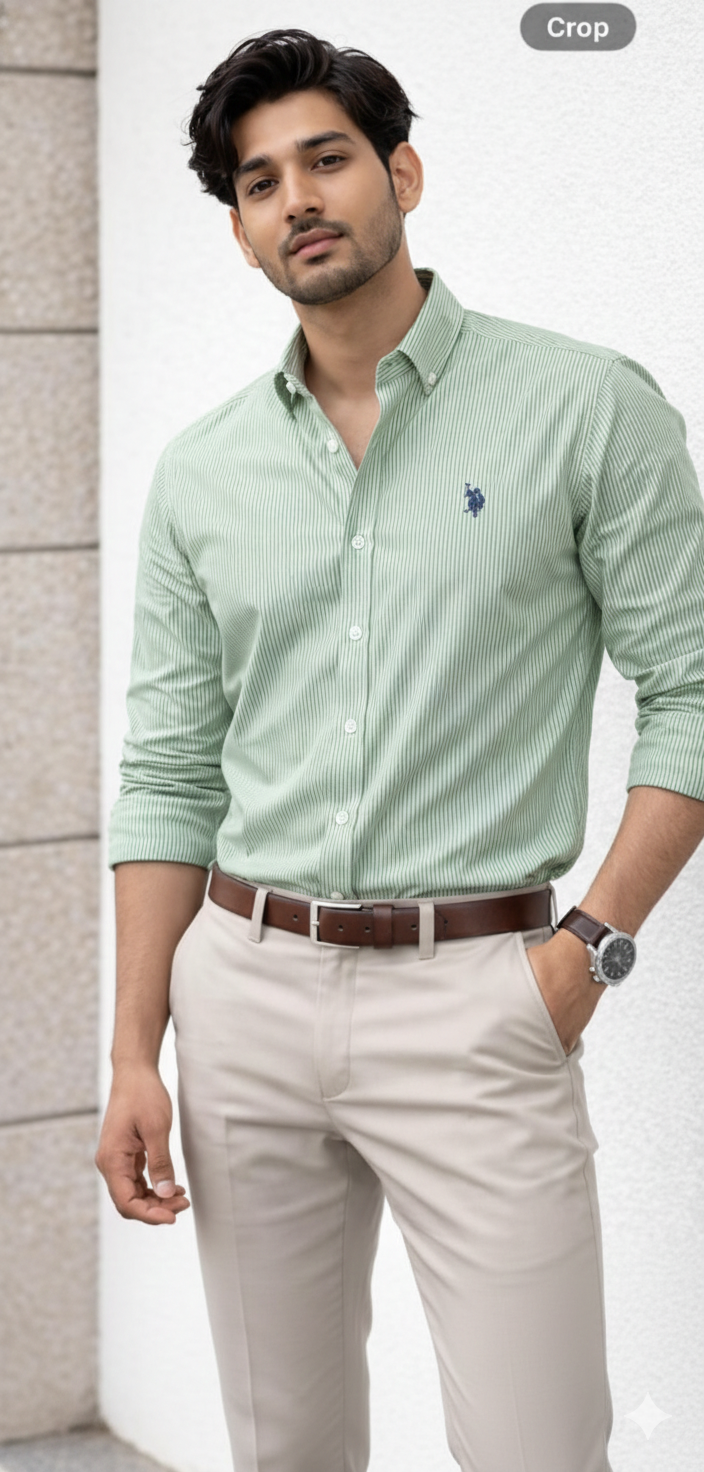 US Polo Men’s Light green Striped Cotton Shirt