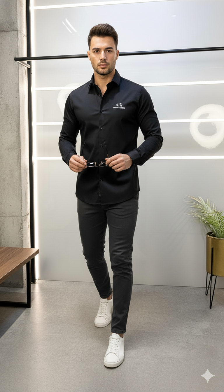 Drezola Original Armani Exchange Black Logo Shirt for Men – Premium Slim Fit Cotton Casual Shirt - Image 4