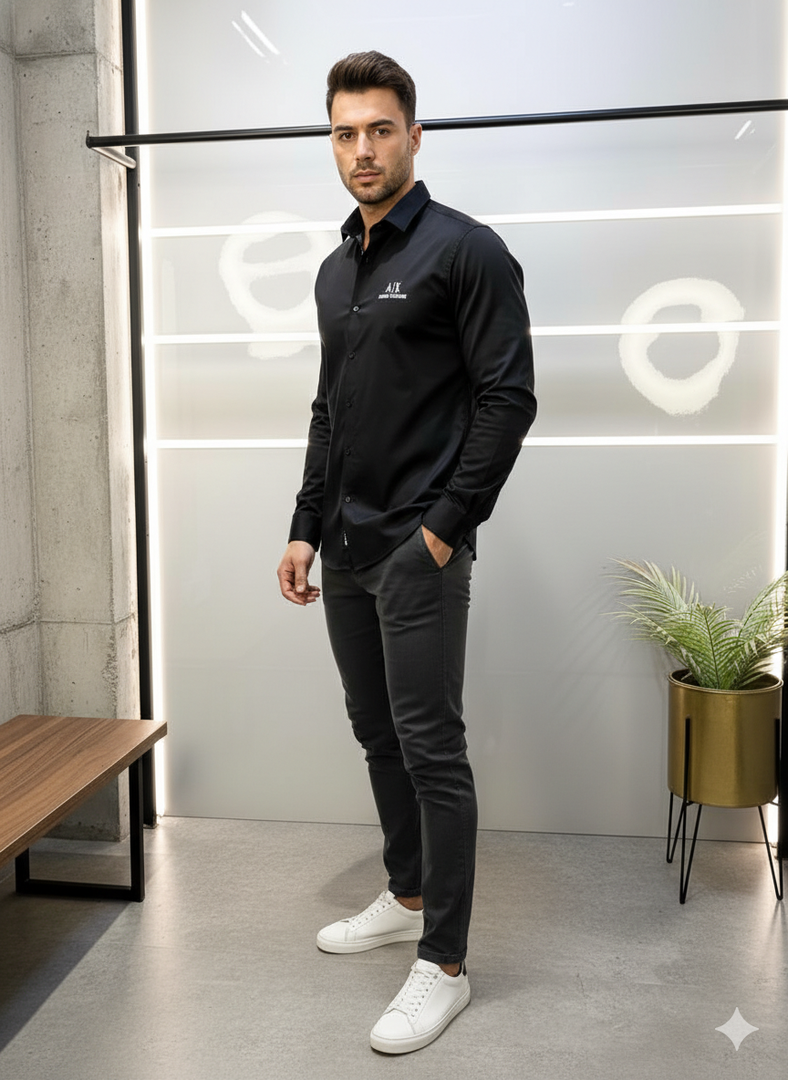 Drezola Original Armani Exchange Black Logo Shirt for Men – Premium Slim Fit Cotton Casual Shirt - Image 3