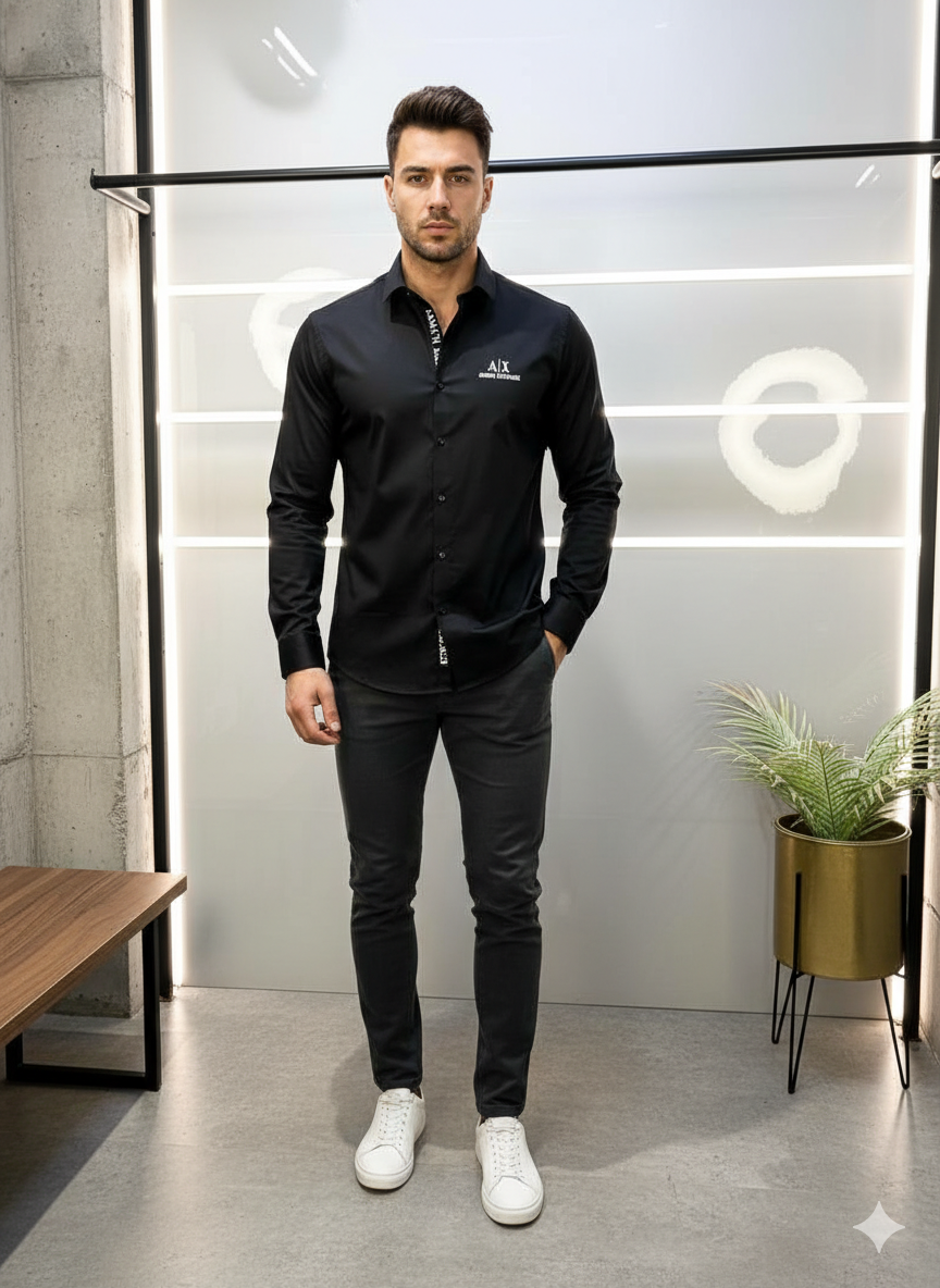 Drezola Original Armani Exchange Black Logo Shirt for Men – Premium Slim Fit Cotton Casual Shirt - Image 2