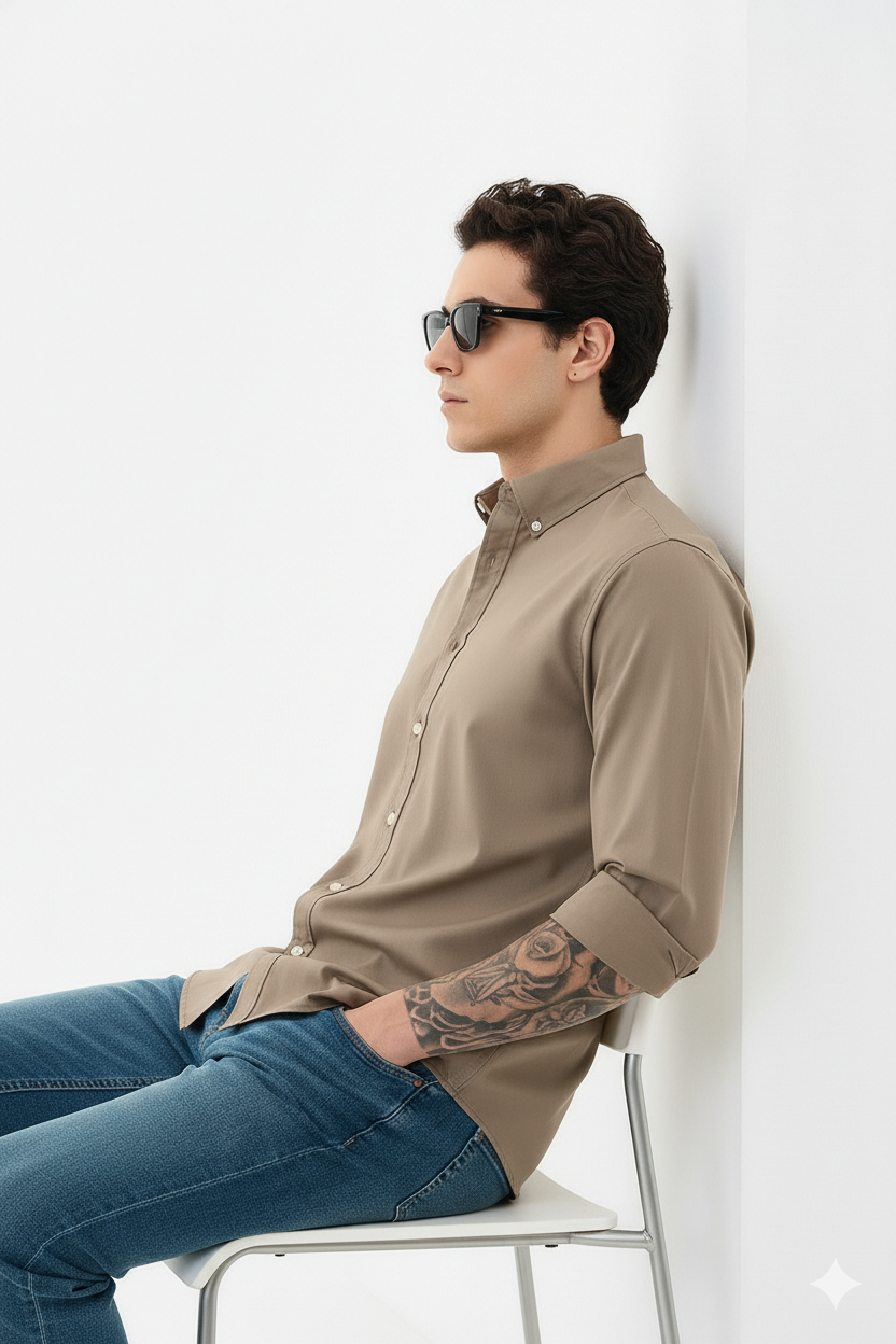 Drezola Best Oxford Men’s Classic Slim-Fit Button-Down Shirt – Beige Colour - Image 3