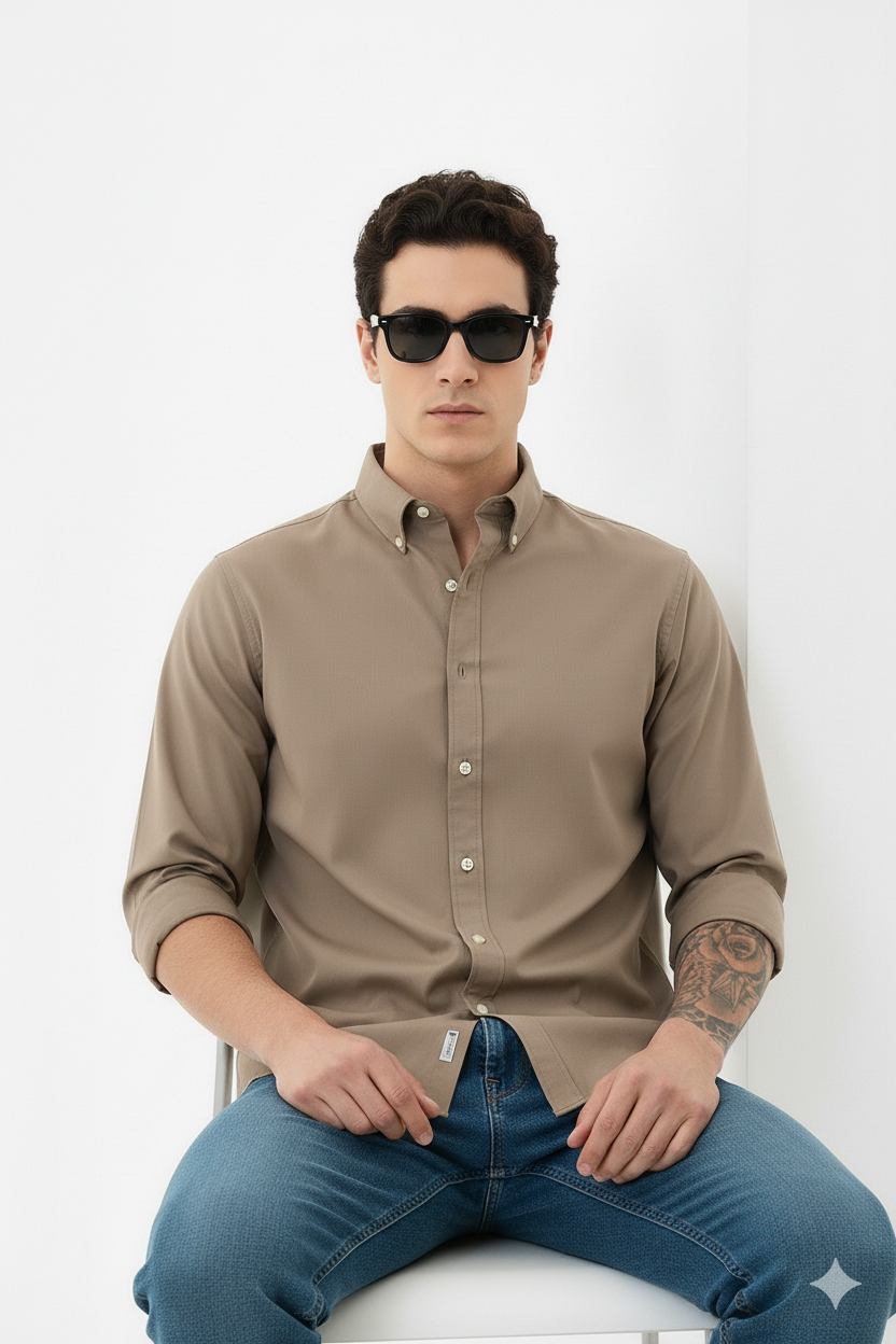 Drezola Best Oxford Men’s Classic Slim-Fit Button-Down Shirt – Beige Colour - Image 4