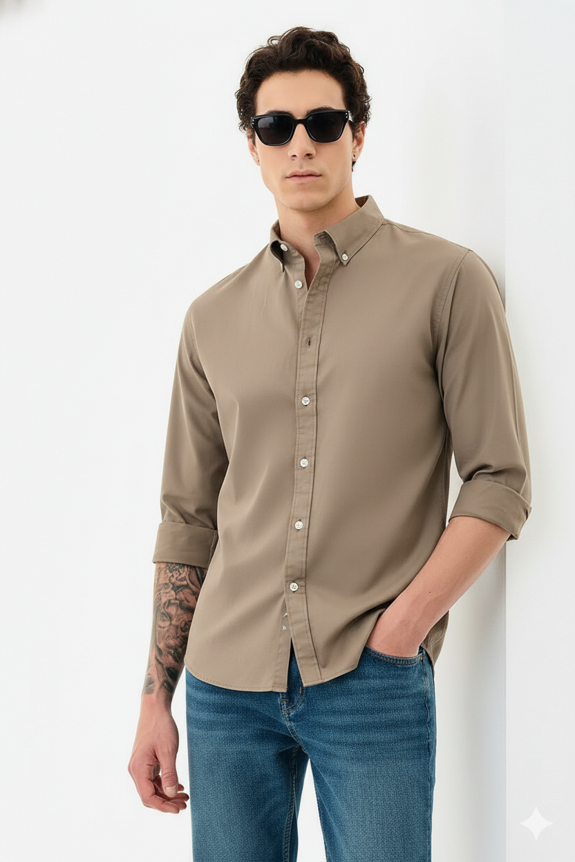 Drezola Best Oxford Men’s Classic Slim-Fit Button-Down Shirt – Beige Colour - Image 2
