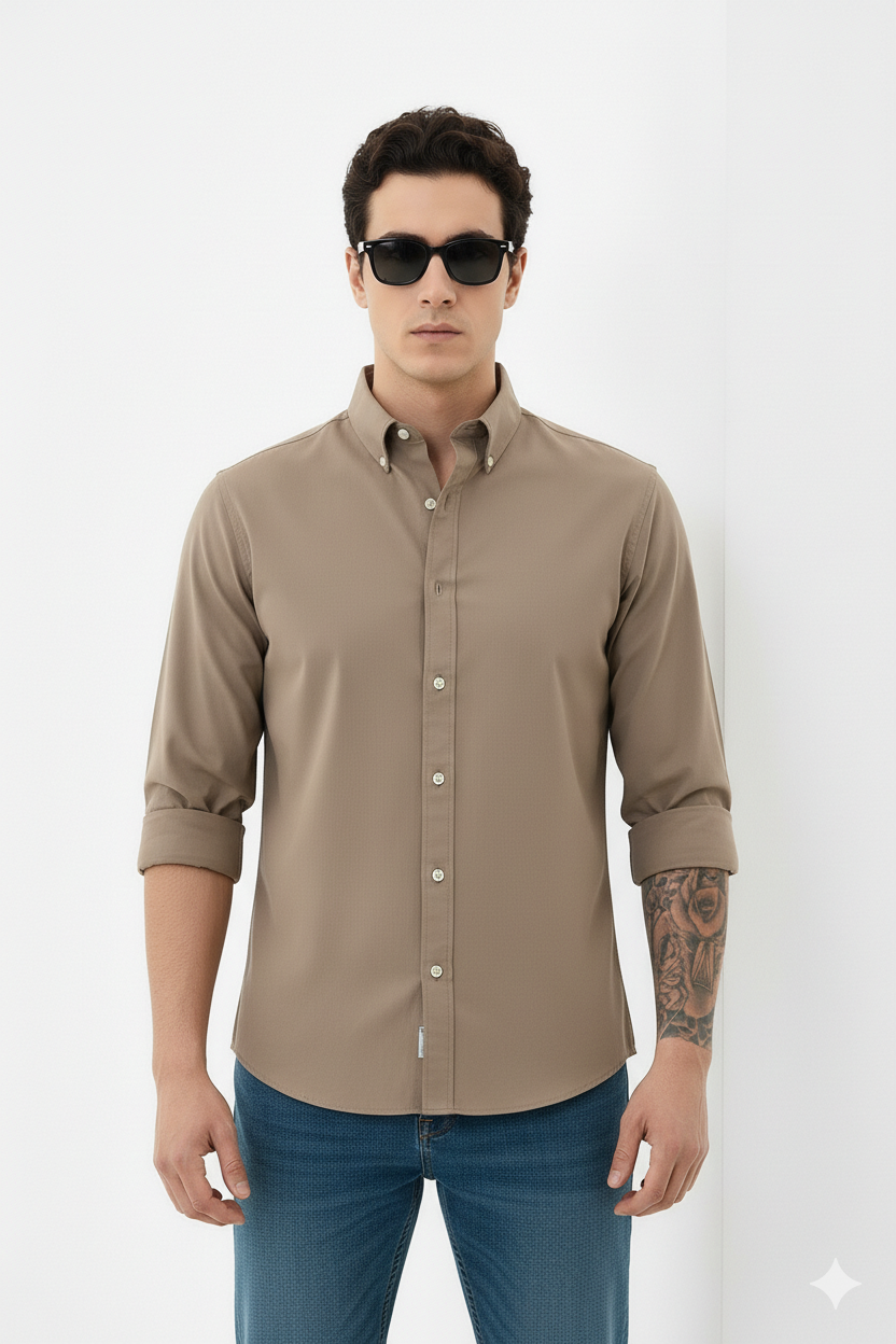 Drezola Best Oxford Men’s Classic Slim-Fit Button-Down Shirt – Beige Colour - Image 5