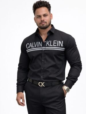 Premium Men’s CK Style Black Premium Cotton Shirt with Bold Chest Print | Slim Fit Party Wear