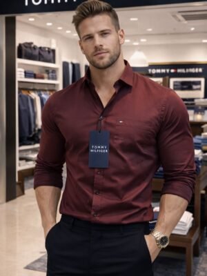 Tommy Hilfiger Men’s Maroon Solid Cotton Shirt | Slim Fit | Premium Shirt