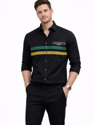 Lacoste Men’s Black Striped Cotton Shirt | Signature Logo | Slim Fit Premium Wear