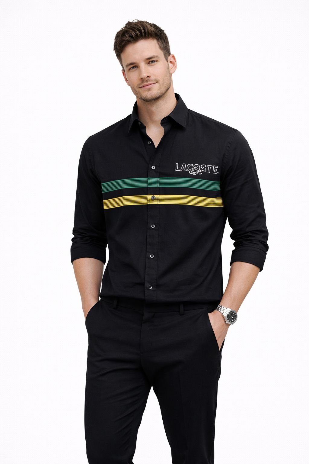 Lacoste Men’s Black Striped Cotton Shirt | Signature Logo | Slim Fit Premium Wear