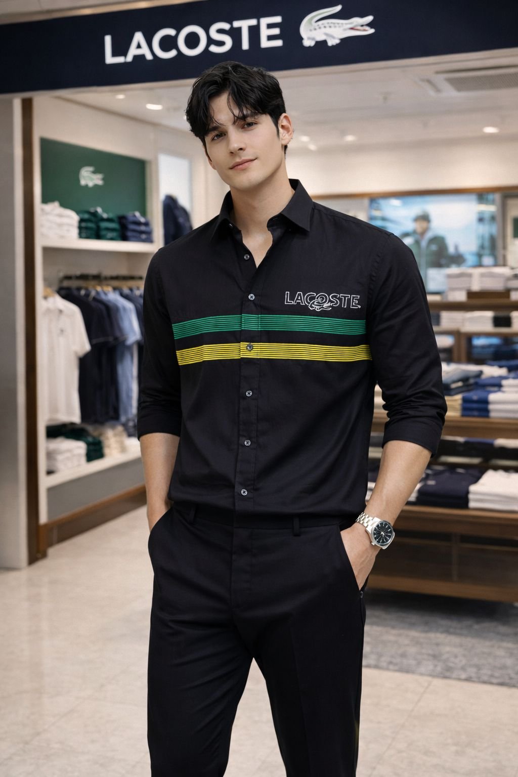 Lacoste Men’s Black Striped Cotton Shirt | Signature Logo | Slim Fit Premium Wear - Image 2