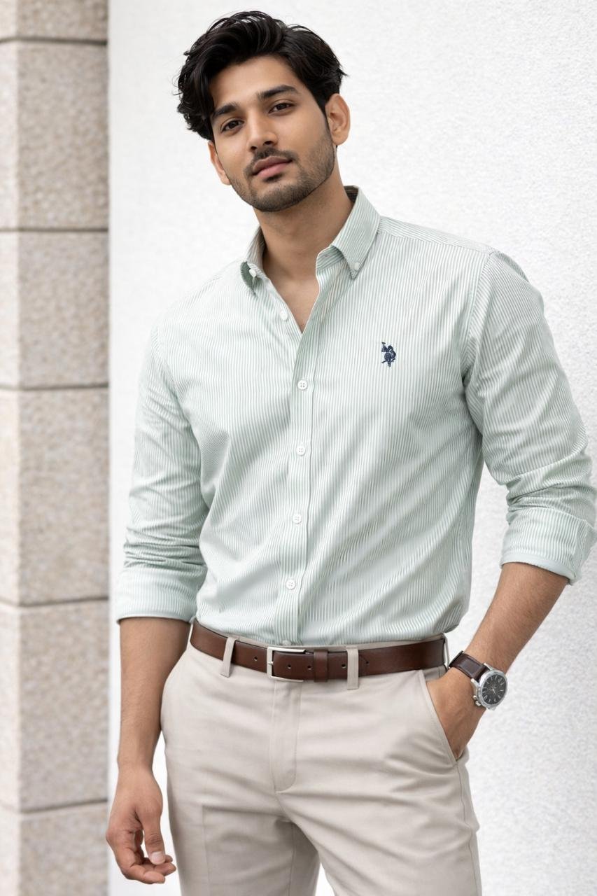 US Polo Men’s Mint Green Striped Cotton Shirt