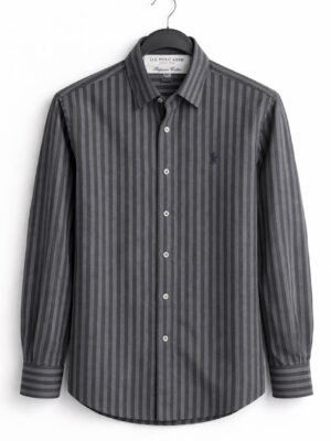 US Polo Men’s Dark Grey Striped Cotton Shirt – Slim Fit Casual & Formal Wear
