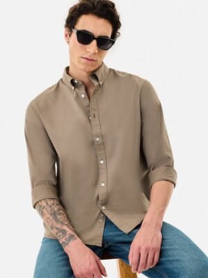 Drezola Best Oxford Men’s Classic Slim-Fit Button-Down Shirt – Beige Colour