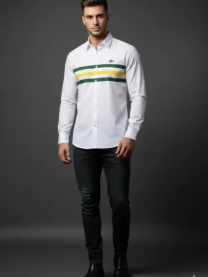 Premium Lacoste Men’s White Striped Cotton Shirt | Signature Logo | Slim Fit Premium Wear