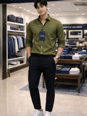 Tommy Hilfiger Men’s Green Solid Cotton Shirt | Slim Fit | Premium Shirt