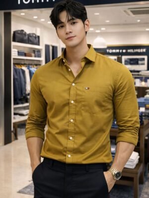 Tommy Hilfiger Men’s Mustard Yellow Solid Cotton Shirt | Slim Fit | Premium Shirt